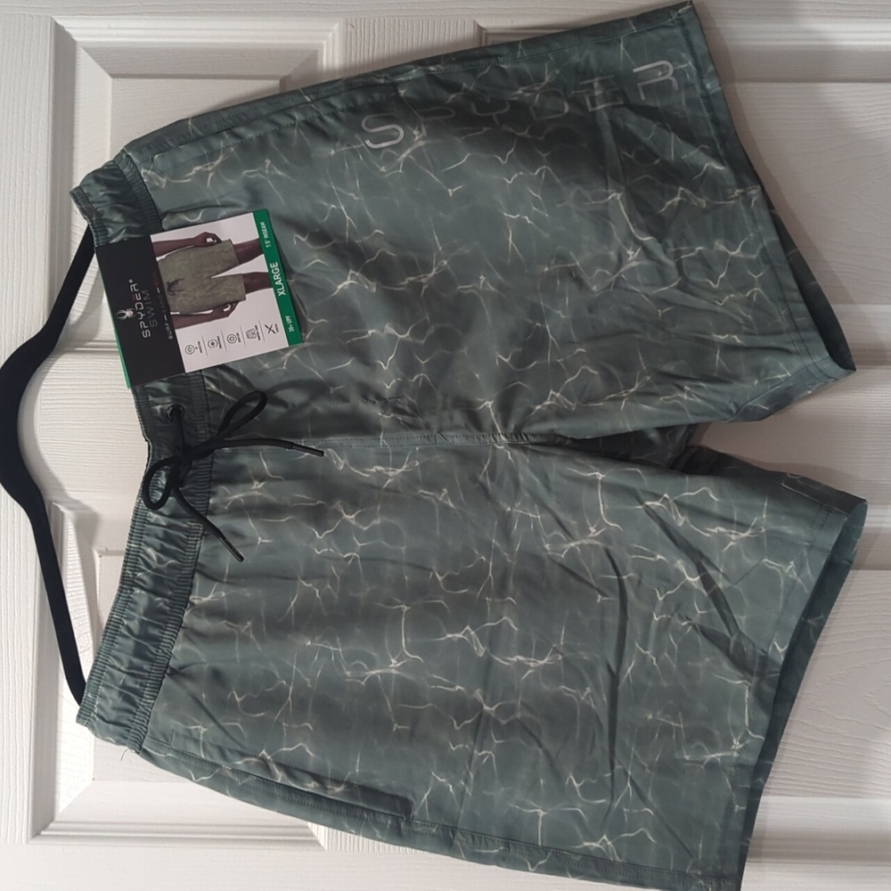 SPYDER Mens Swim Shorts Green, L 30+UPF Inseam 7.5" 4-Pockets Zipper